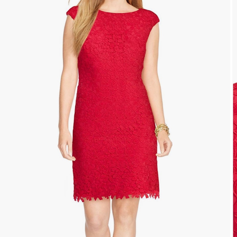 NWT Lauren Ralph Lauren Cap Sleeve Floral Lace Sheath Dress in Red